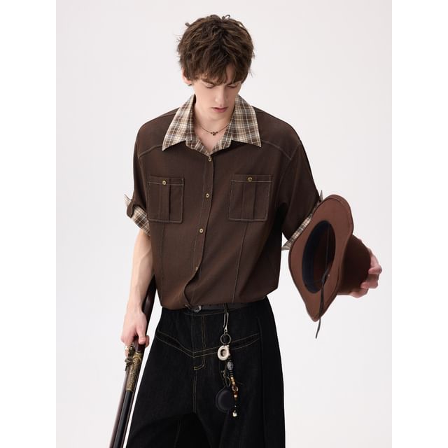 CHIC ERRO-Elbow-Sleeve Plaid Panel Button-Up Denim Shirt