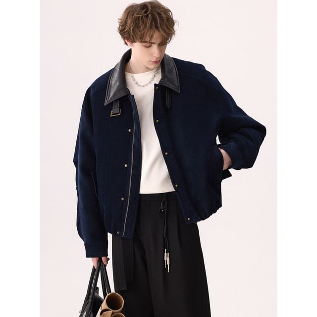 CHIC ERRO-Faux Leather Collar Zip-Up Barn Jacket
