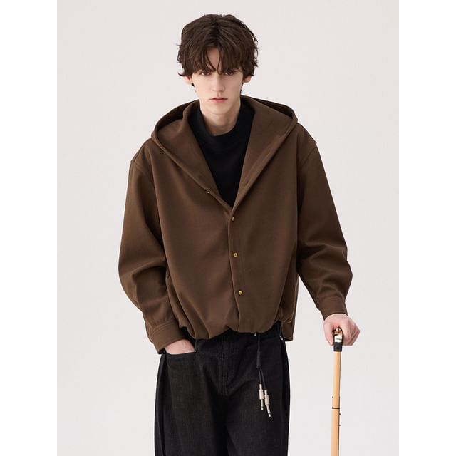 CHIC ERRO-Hooded Drop Shoulder Plain Button Up Jacket