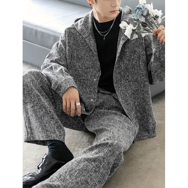 CHIC ERRO-Hooded Plain Button-Up Jacket Dress Pants