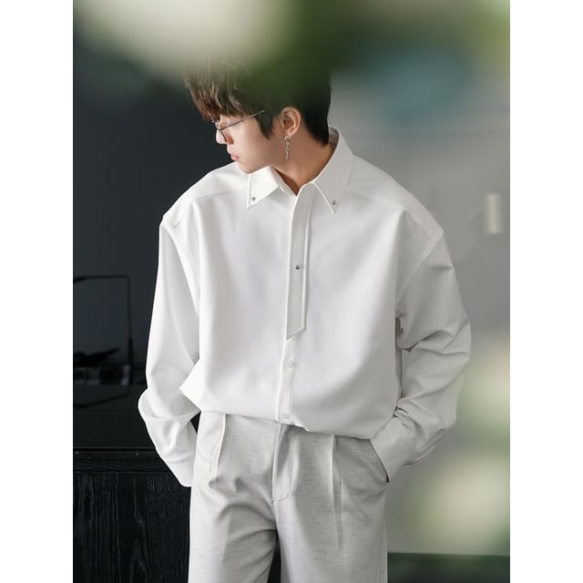 CHIC ERRO-Long-Sleeve Button-Up Plain Shirt