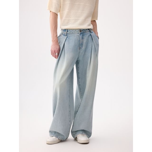CHIC ERRO-Mid Rise Washed Wide Leg Jeans