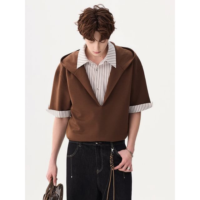 CHIC ERRO-Mock Two-Piece Elbow-Sleeve Collared Pinstripe Panel Hoodie