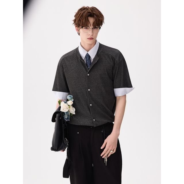 CHIC ERRO-Mock Two-Piece Elbow-Sleeve Striped Button-Up Shirt