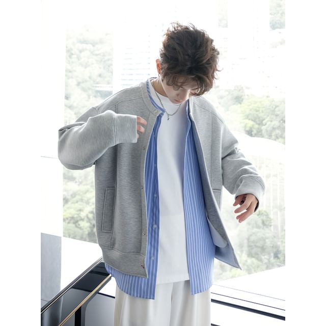 CHIC ERRO-Mock Two-Piece Striped Inset Button-Up Jacket