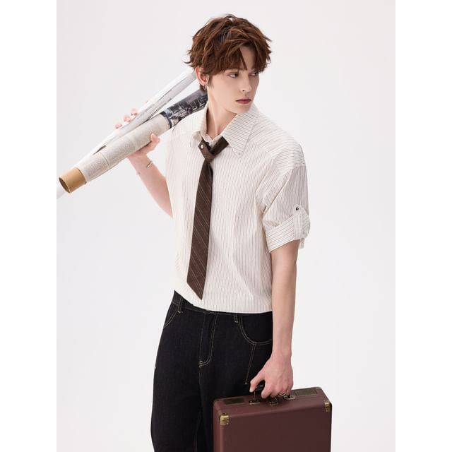 CHIC ERRO-Set Elbow-Sleeve Pinstriped Button-Up Shirt Necktie