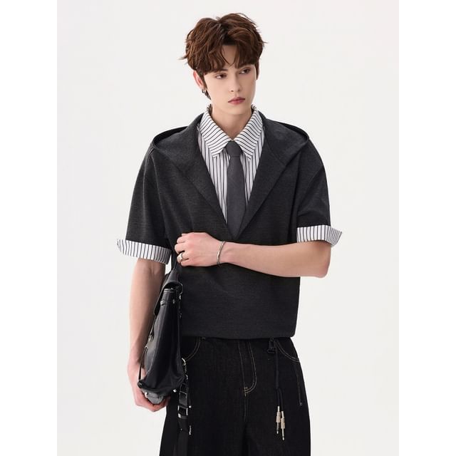 CHIC ERRO-Short-Sleeve Plain Striped Panel Hooded T-Shirt