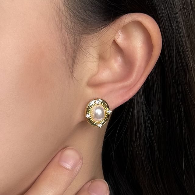 Chimerro-Faux Pearl Rhinestone Stud Earring Clip On Earring