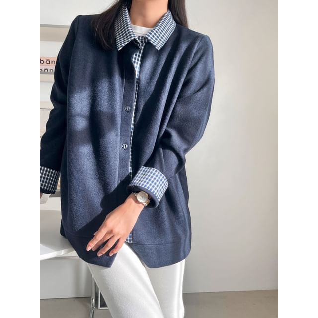 Chubby Girl-Check Mock Two-Piece Button-Up Jacket