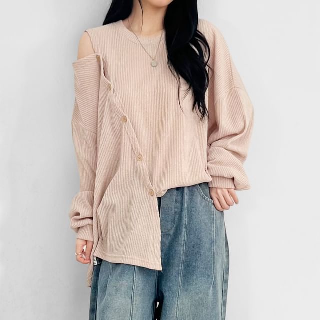 Chubby Girl-Cold Shoulder Round Neck Plain Button Ribbed Knit Sweater