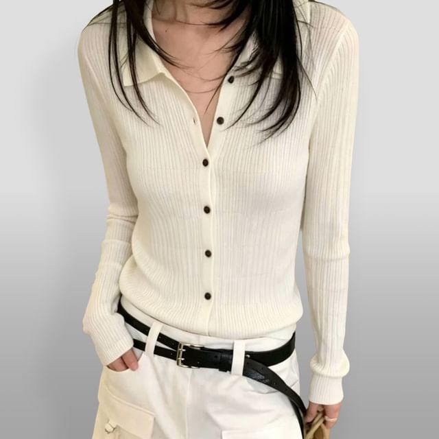 Chubby Girl-Collared Ribbed Button-Up Plain Cardigan