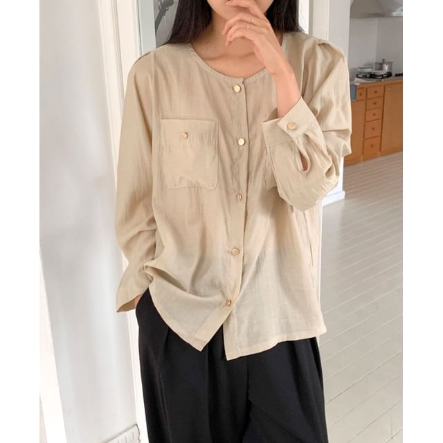 Chubby Girl-Long-Sleeve Plain Button-Up Blouse