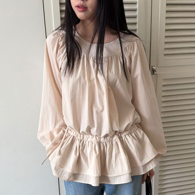 Chubby Girl-Long-Sleeve Plain Ruffle Drawstring Top