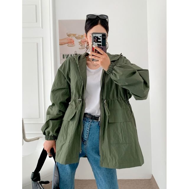 Chubby Girl-Plain Drawstring Waist Hooded Zip-Up Jacket