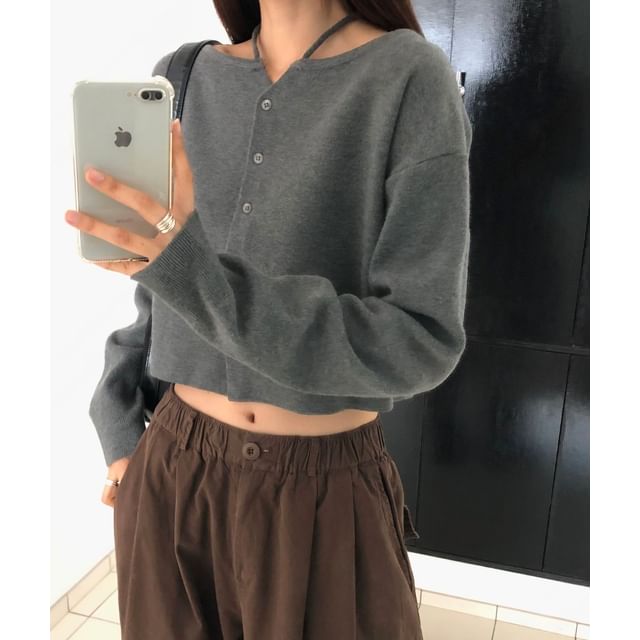 Chubby Girl-Plain Halter Button-Up Knit Top