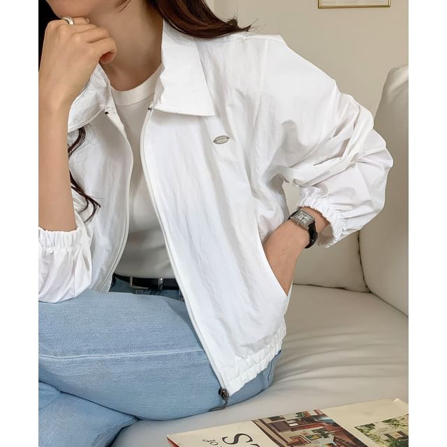 Chubby Girl-Plain Lapel Zip-Up Jacket
