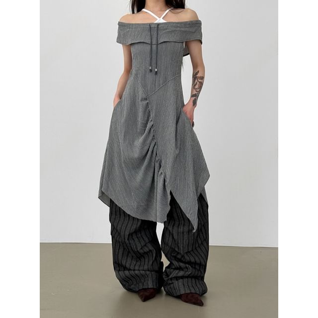 Chubby Girl-Sleeveless Off Shoulder Plain Asymmetrical Gathered Drawstring Midi A-Line Dress