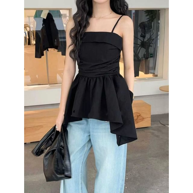 Chubby Girl-Spaghetti Strap Plain Ruffle-Hem Top
