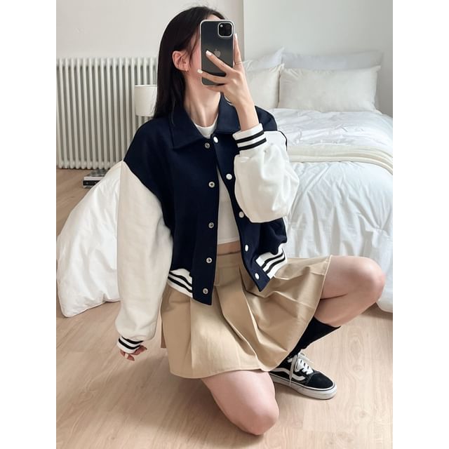 Chubby Girl-Two-Tone Lapel Baseball Jacket