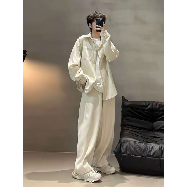 Chuoku-Collared Plain Button Shirt Jacket Drawstring Waist Plain Wide Leg Sweatpants Set