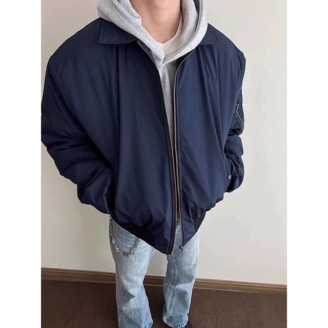 Chuoku-Collared Plain Zip Bomber Jacket