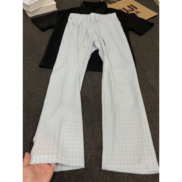 Chuoku-Drawstring Waist Plaid Wide Leg Pants