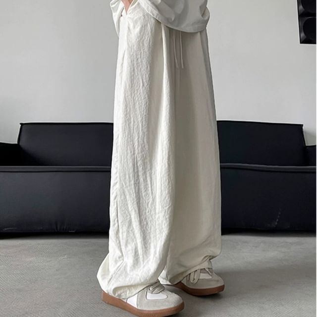 Chuoku-Drawstring Waist Plain Baggy Wide Leg Pants