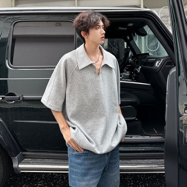 Chuoku-Elbow-Sleeve Plain Polo Top