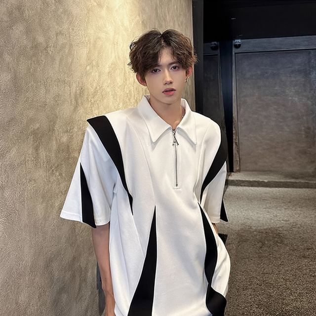 Chuoku-Elbow-Sleeve Two Tone Half Zip Polo Shirt