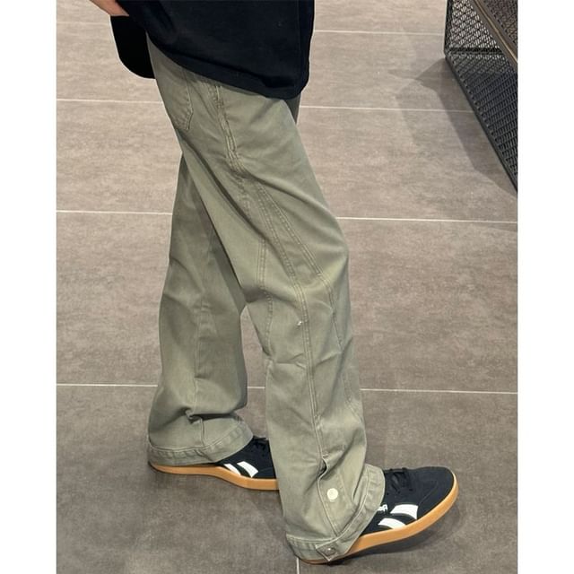 Chuoku-High Waist Buttoned Hem Straight Leg Pants
