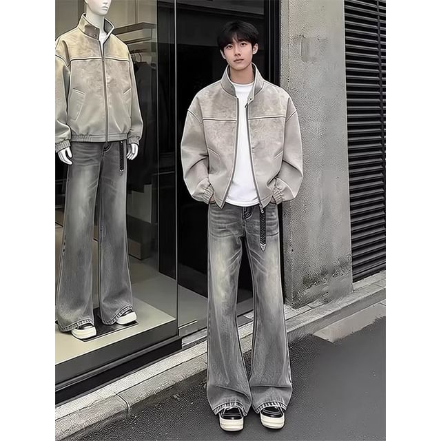 Chuoku-Mid Rise Washed Flared Jeans Stand Collar Plain Zip Jacket