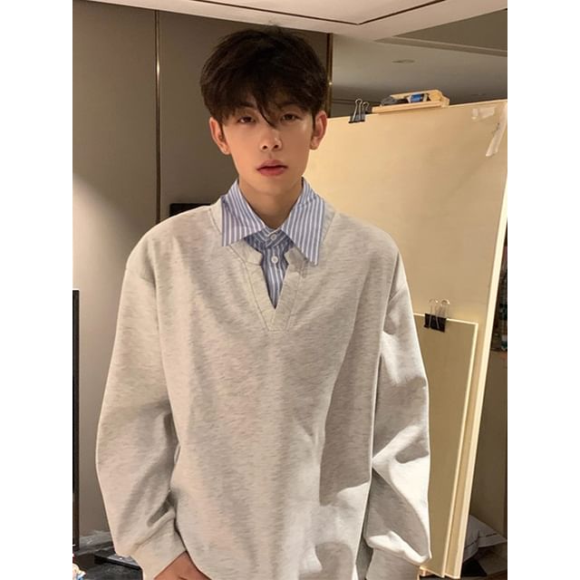 Chuoku-Mock Two-Piece Collar Striped Panel Sweatshirt