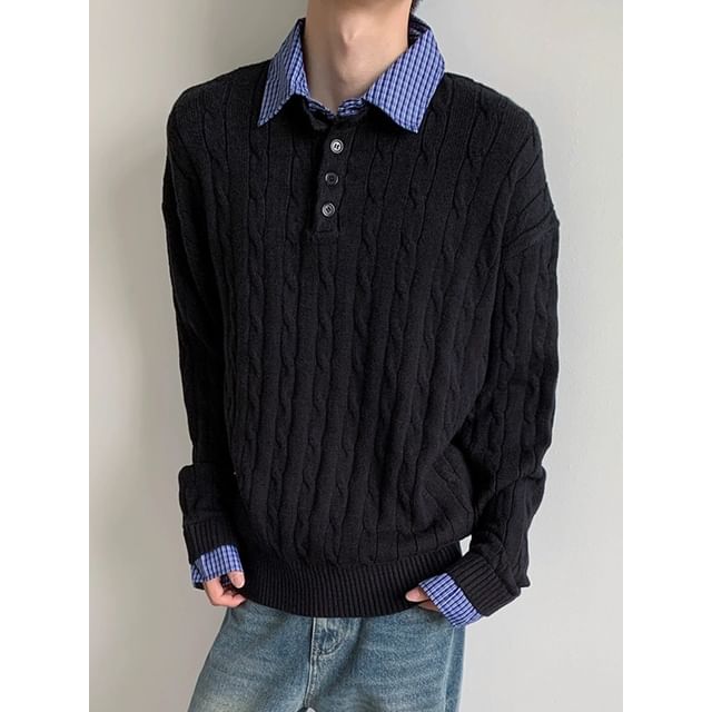 Chuoku-Mock Two-Piece Plaid Collar Sweater