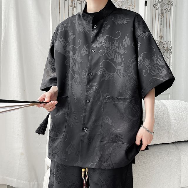 Chuoku-Short-Sleeve Jacquard Frog Buttoned Shirt