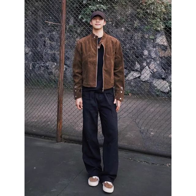 Chuoku-Stand Collar Plain Faux Suede Zip Jacket