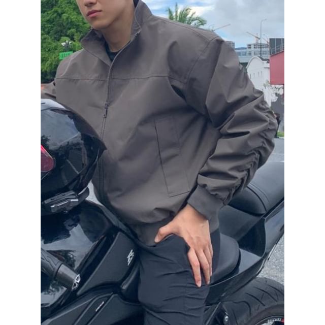 Chuoku-Stand Collar Plain Zip Bomber Jacket