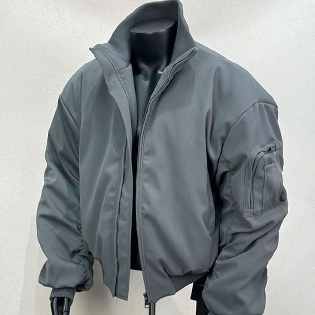 Chuoku-Stand Collar Plain Zip Bomber Light Jacket