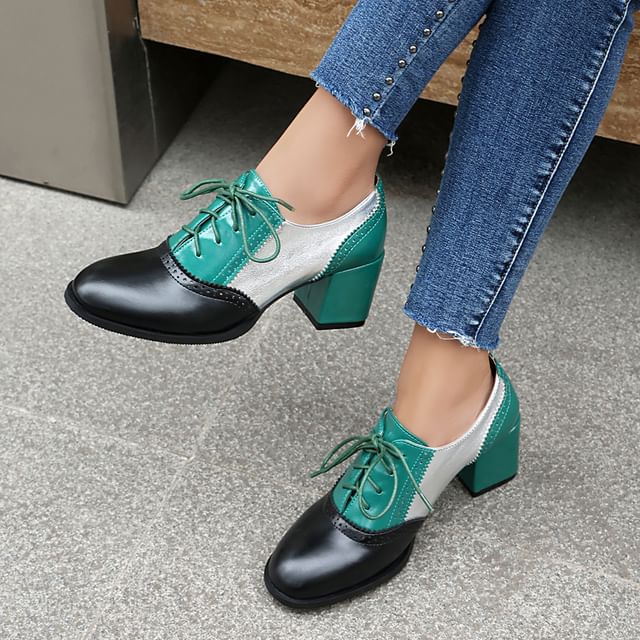Cinnabelle-Block Heel Colored Panel Lace-Up Shoes