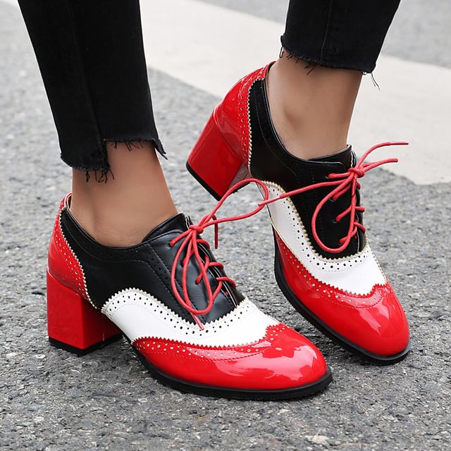 Cinnabelle-Block Heel Colored Panel Lace-Up Shoes