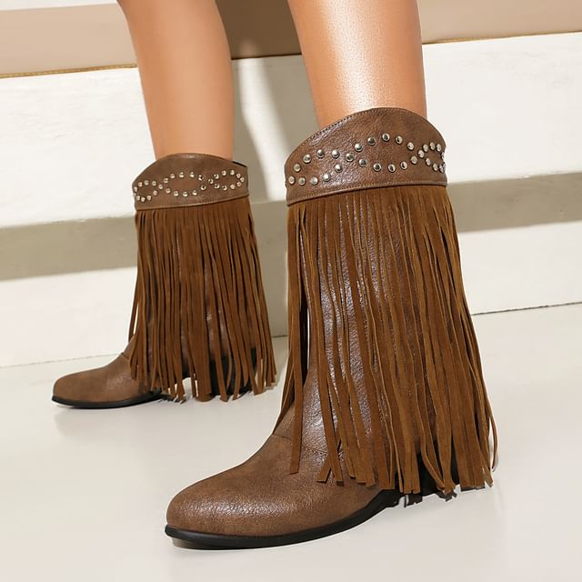 Cinnabelle-Block Heel Plain Fringe Mid-Calf Boots