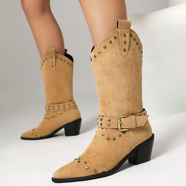 Cinnabelle-Block Heel Studded Pointed Short Boots