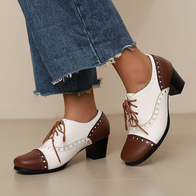 Cinnabelle-Block Heel Two Tone Lace-Up Shoes