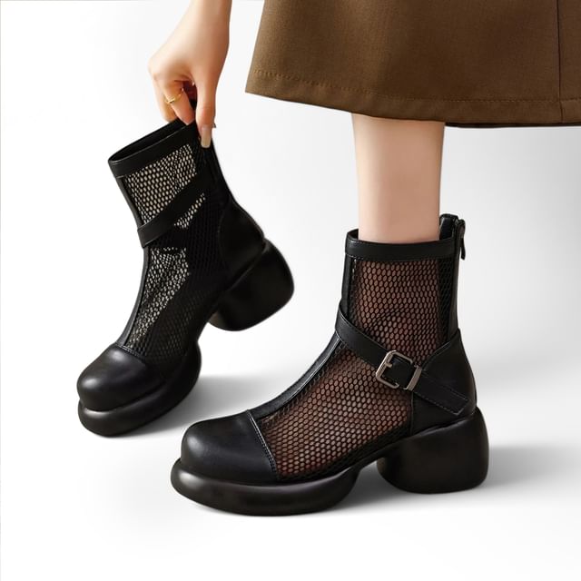 Cinnabelle-Buckle Strap Chunky Platform Mesh Panel Faux Leather Ankle Boots