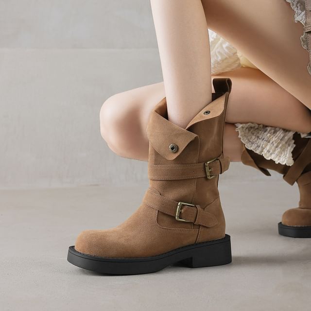 Cinnabelle-Buckled Chunky Heel Short Boots