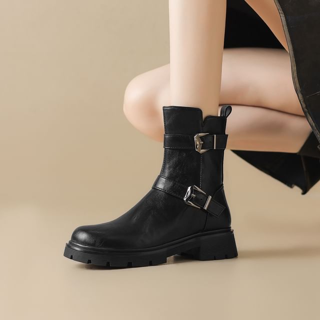 Cinnabelle-Buckled Platform Chunky Heel Short Boots