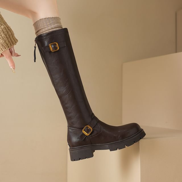 Cinnabelle-Buckled Platform Chunky Heel Tall Boots