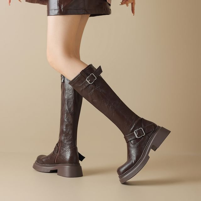Cinnabelle-Buckled Platform Chunky Heel Tall Boots