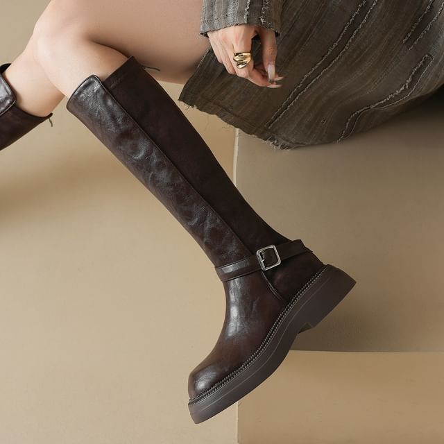 Cinnabelle-Buckled Platform Chunky Heel Tall Boots