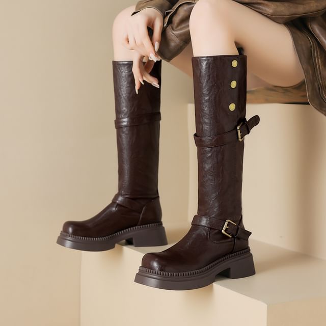 Cinnabelle-Buckled Platform Chunky Heel Tall Boots
