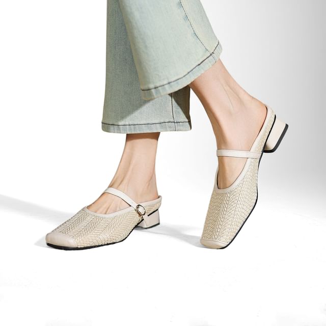 Cinnabelle-Chunky Heel Square Toe Herringbone Mary Jane Mules